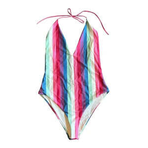 Privacy Please One Piece Halter Top Swimsuit Bold Stripe Size Medium Women's